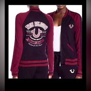 True Religion Varsity Jacket w/ Graphics Lightweight in Black & Burgundy Size S
